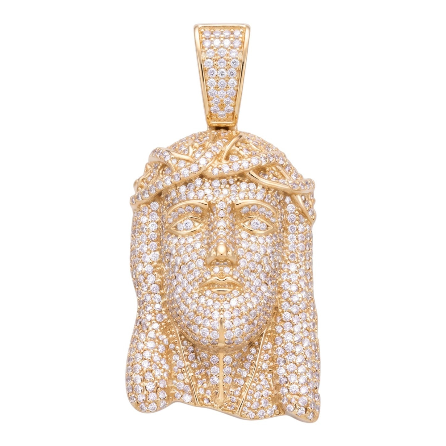 14k Gold Iced Out Jesus Face Crown of Thorns Pendant