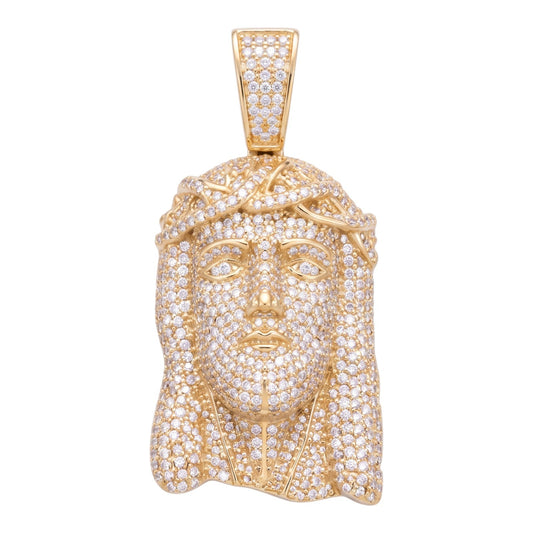 14k Gold Iced Out Jesus Face Crown of Thorns Pendant