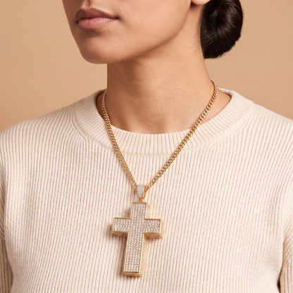 14k Gold Iced Out 3D Cross Pendant - Large