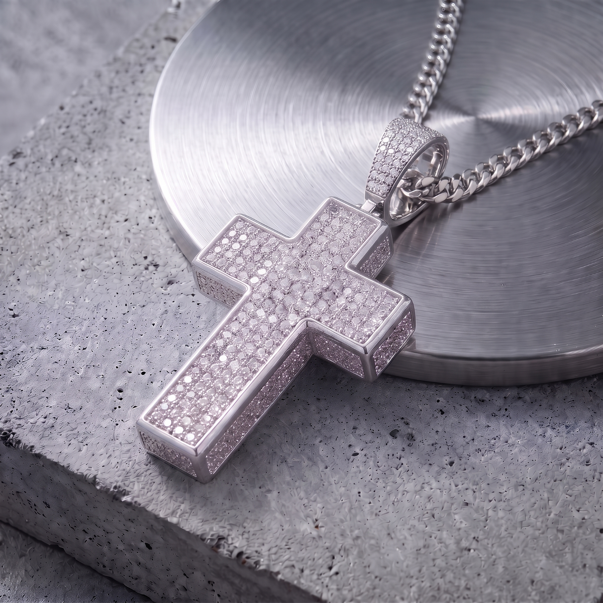 14k White Gold Iced Out 3D Cross Pendant - Large