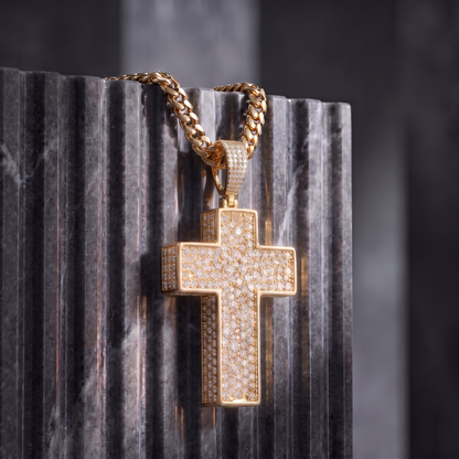 14k Gold Iced Out 3D Cross Pendant - Large