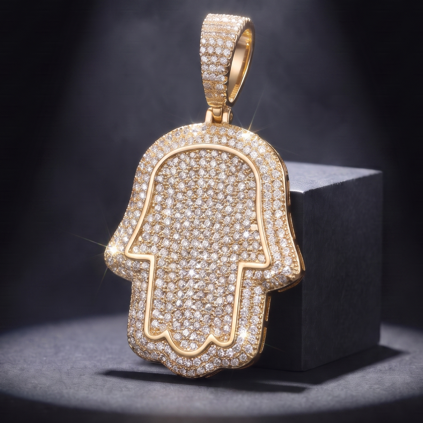 14k Gold Iced Out Hamsa Hand Pendant - Medium