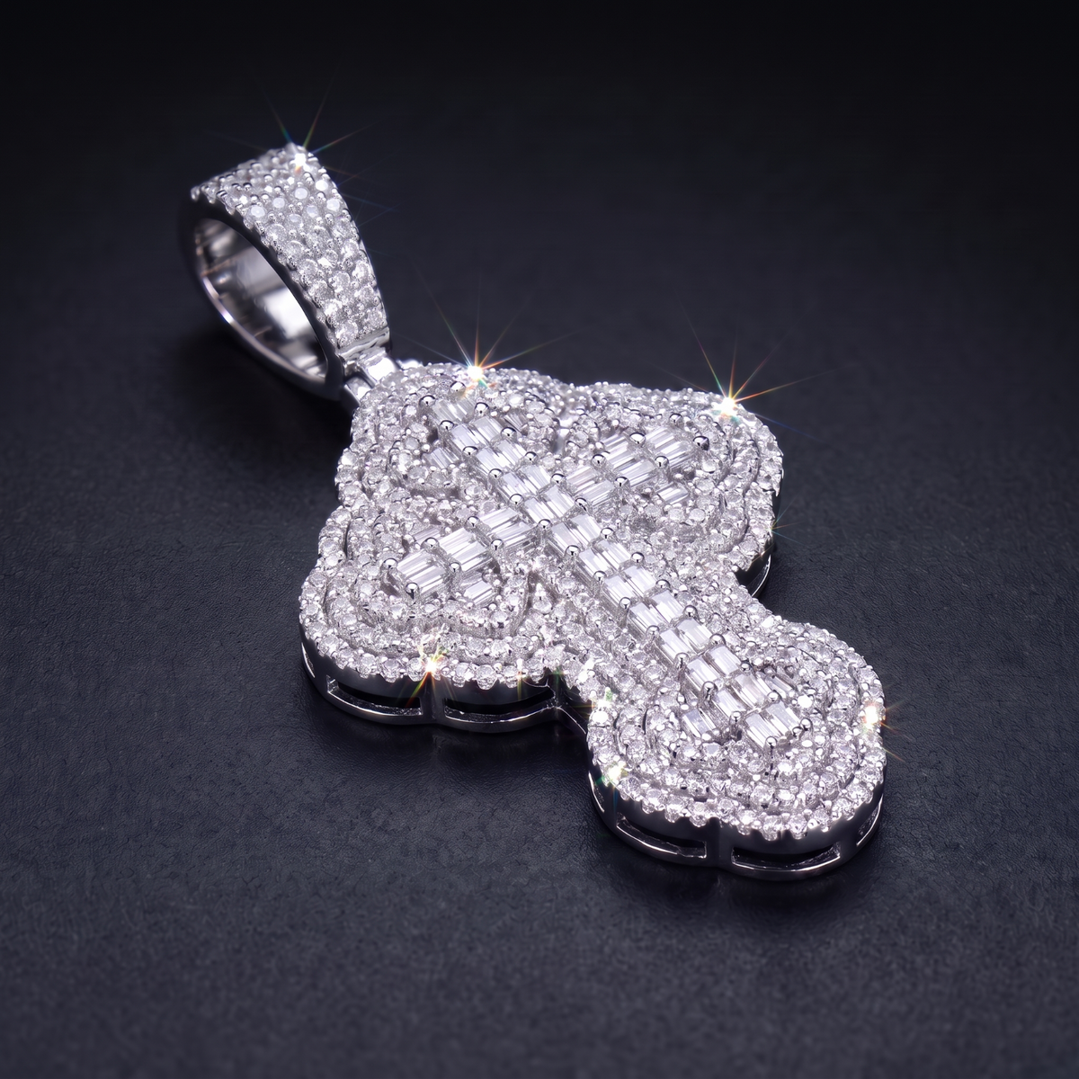 14k White Gold Iced Out 3D Iced Baguette Cross - Large