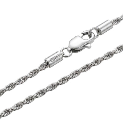2mm SS Rhodium Rope Chain Necklace Men Women 16-30" Italian Style Thin Necklace