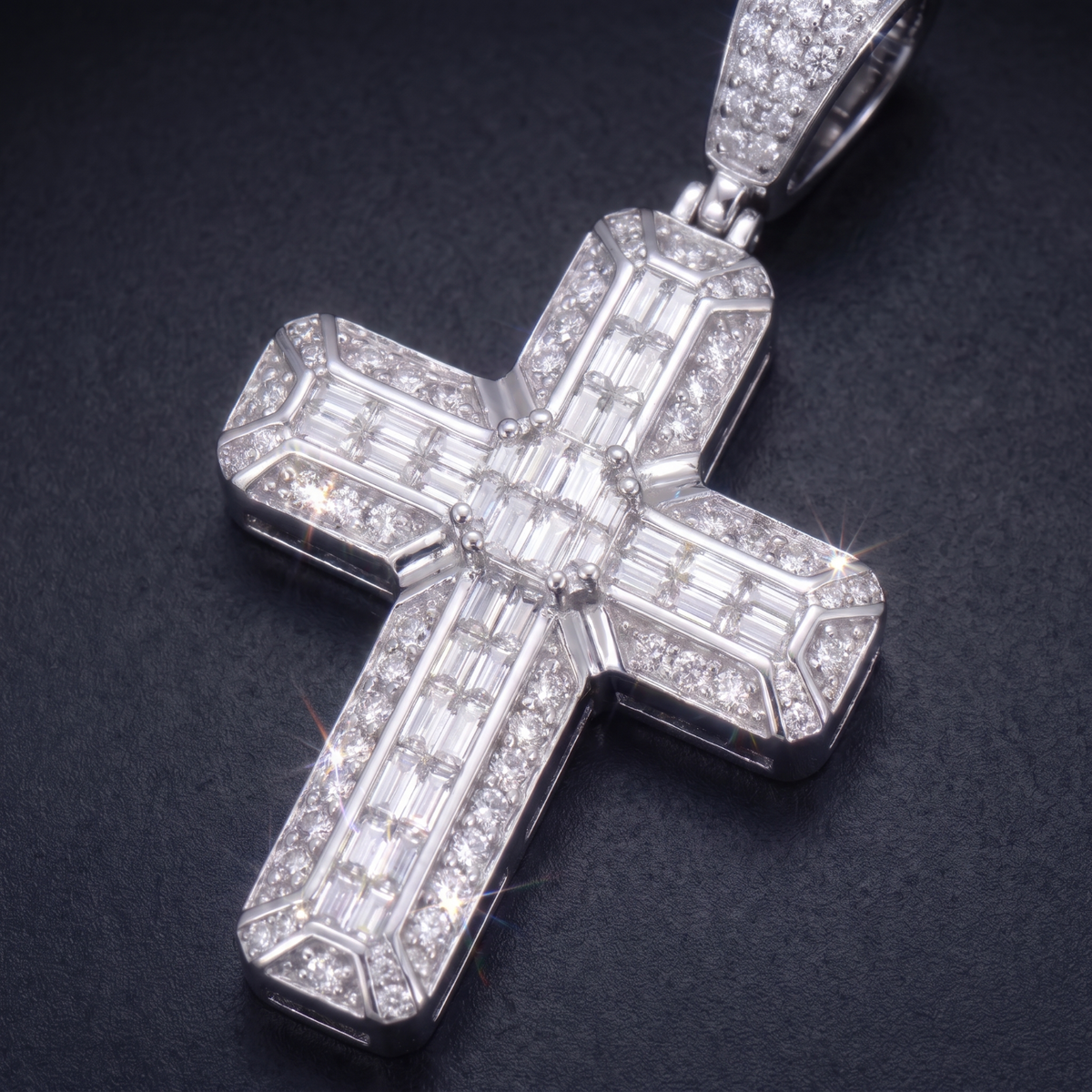 14k White Gold Iced Out 3D Baguette Cross - Large