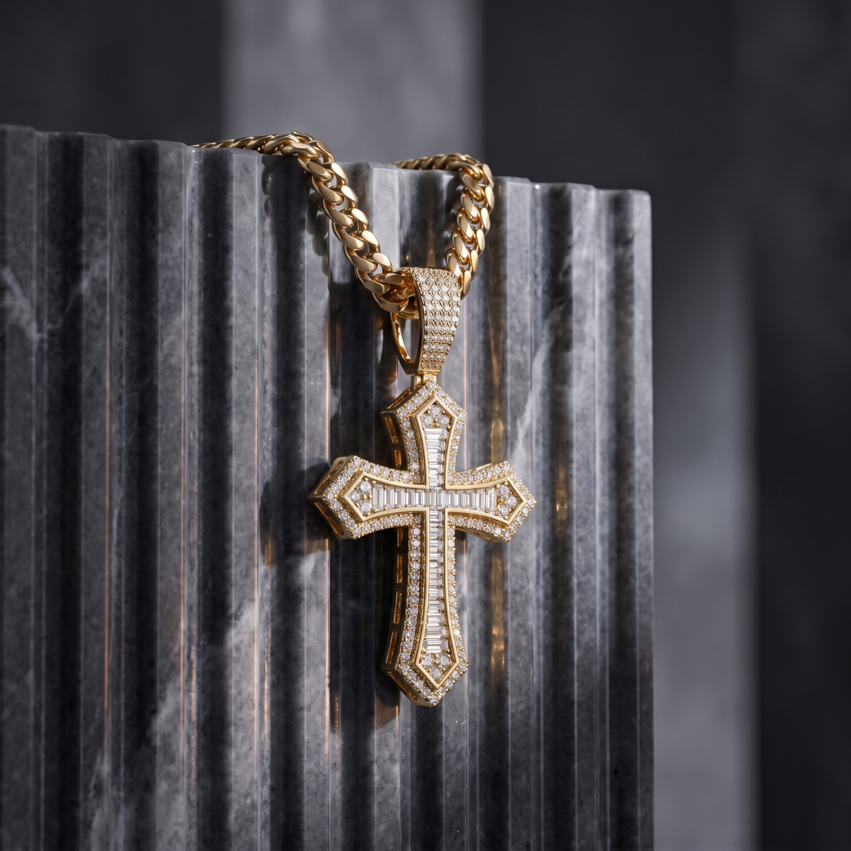 14k Gold Iced Out Baguette Cross Pendant