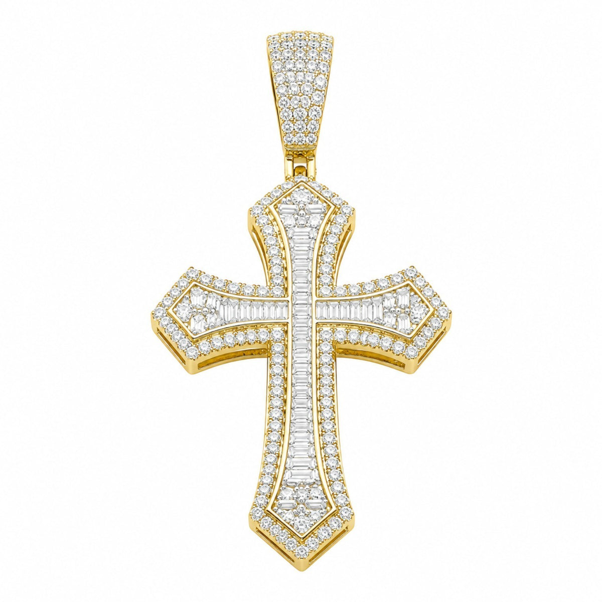 14k Gold Iced Out Baguette Cross Pendant