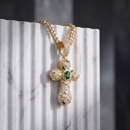 14k Gold Iced Out Ornate Green Stone Cross