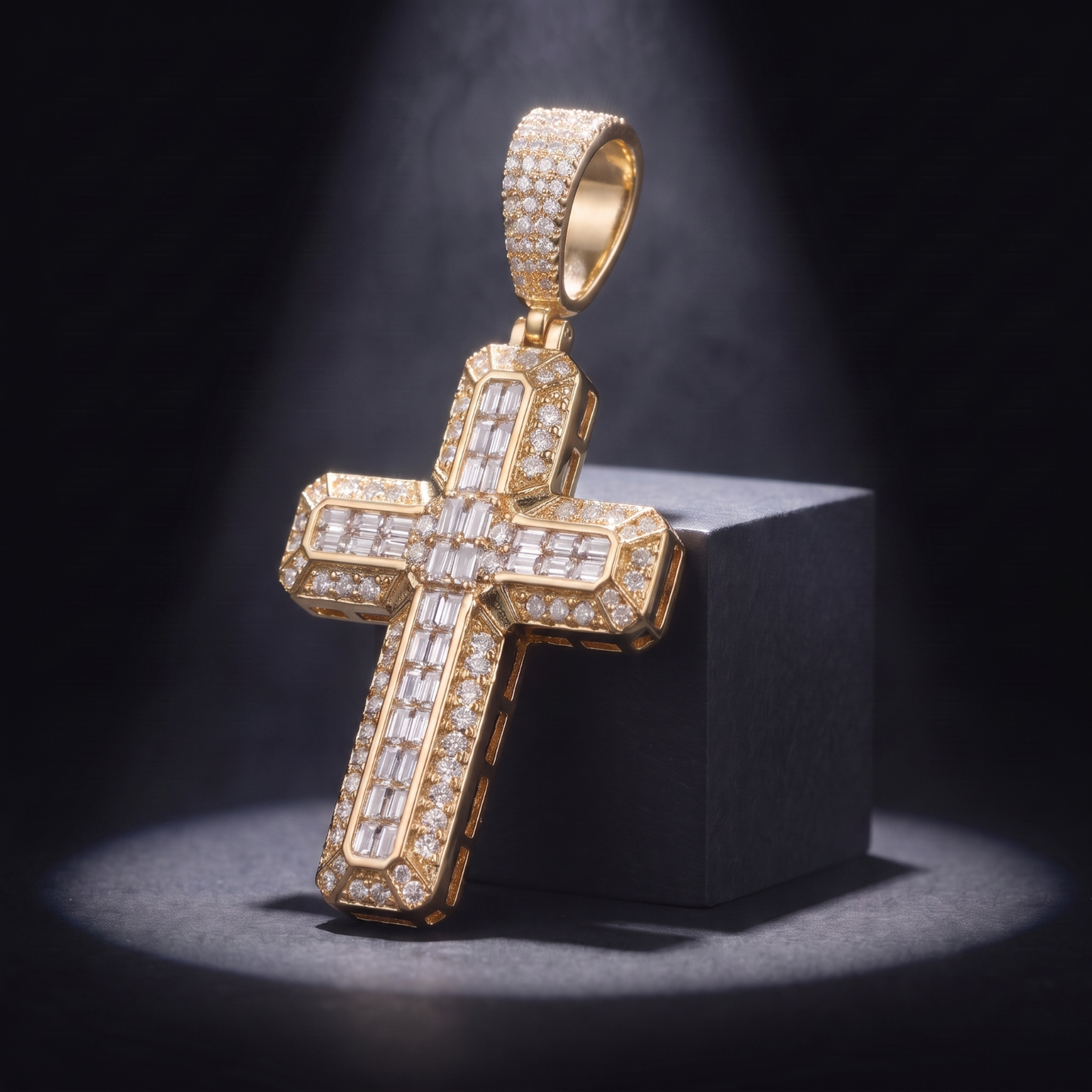 14k Gold Iced Out 3D Baguette Cross - Large