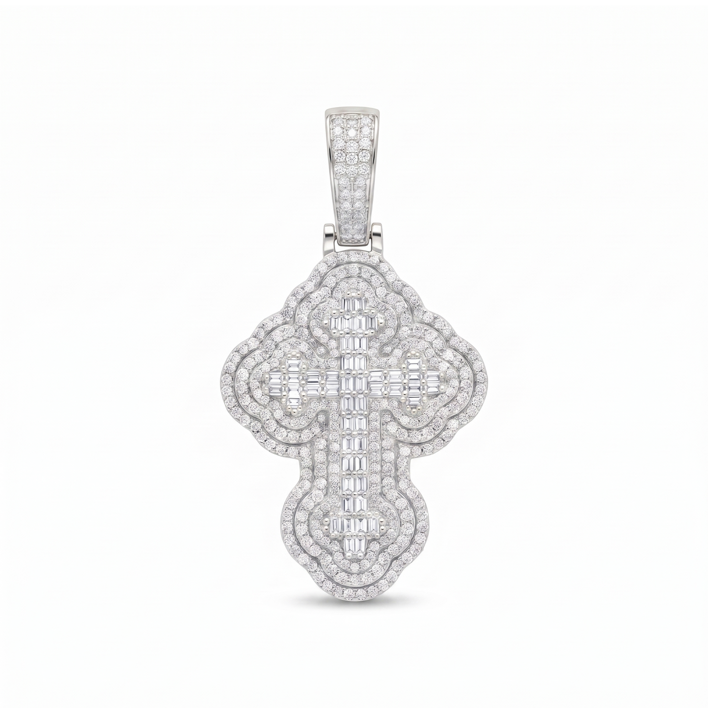 14k White Gold Iced Out 3D Iced Baguette Cross - Small