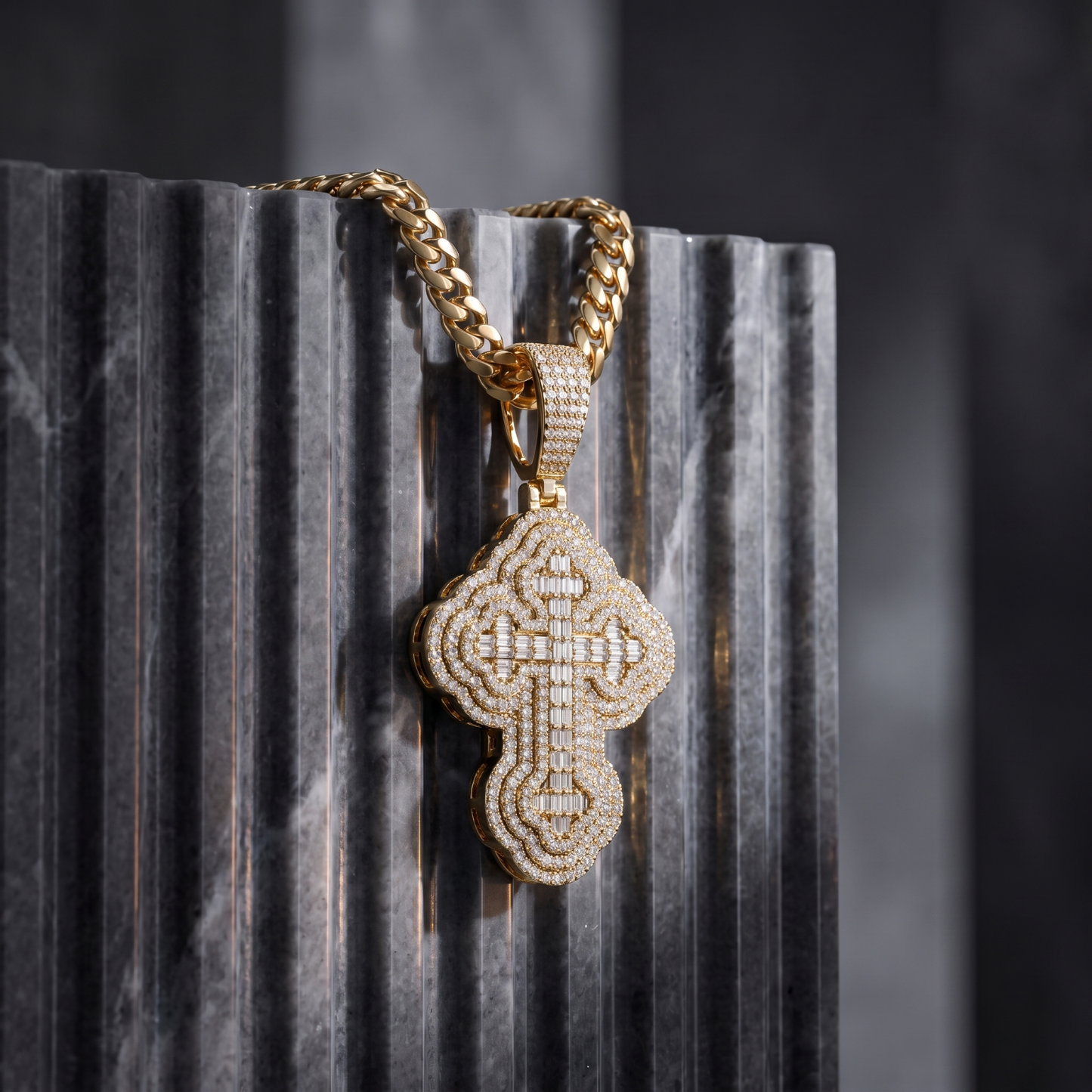 14K Gold Iced Out 3D Iced Baguette Cross - Small