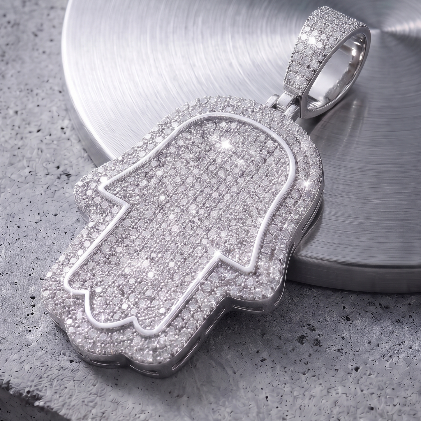 14k White Gold Iced Out Hamsa Hand Pendant - Large