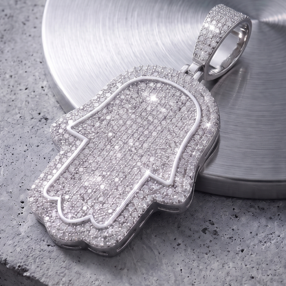 14k White Gold Iced Out Hamsa Hand Pendant - Large
