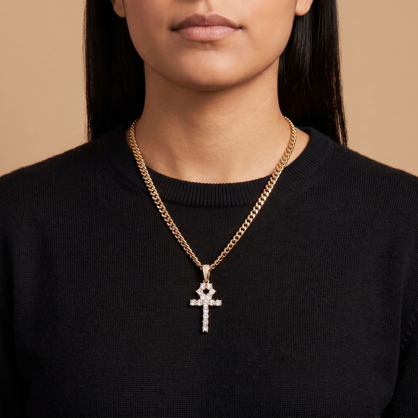 14k Gold Iced Out Tennis Ankh Cross Pendant