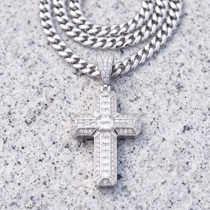 14k White Gold Iced Out 3D Iced Baguette Cross - Small