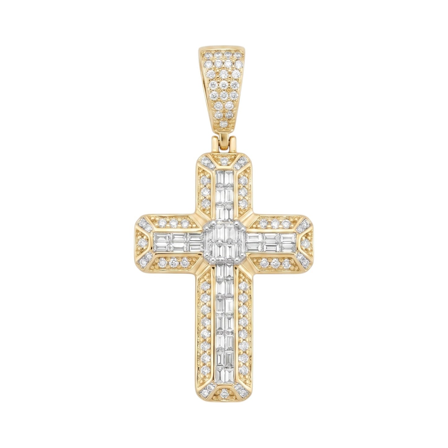 14k Gold Iced Out 3D Baguette Cross - Medium