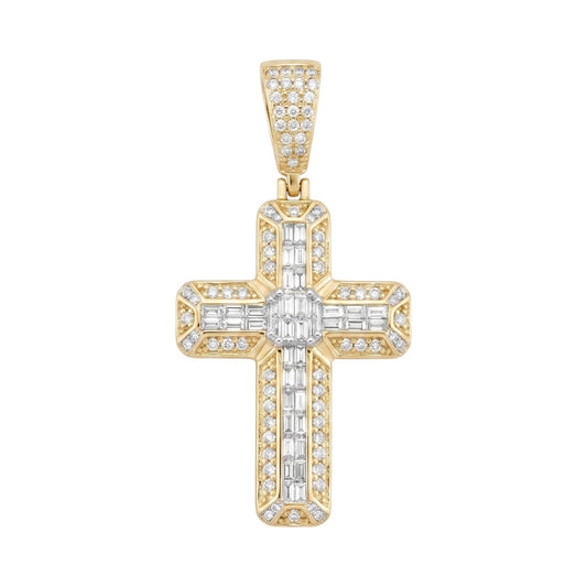 14k Gold Iced Out 3D Baguette Cross - Medium