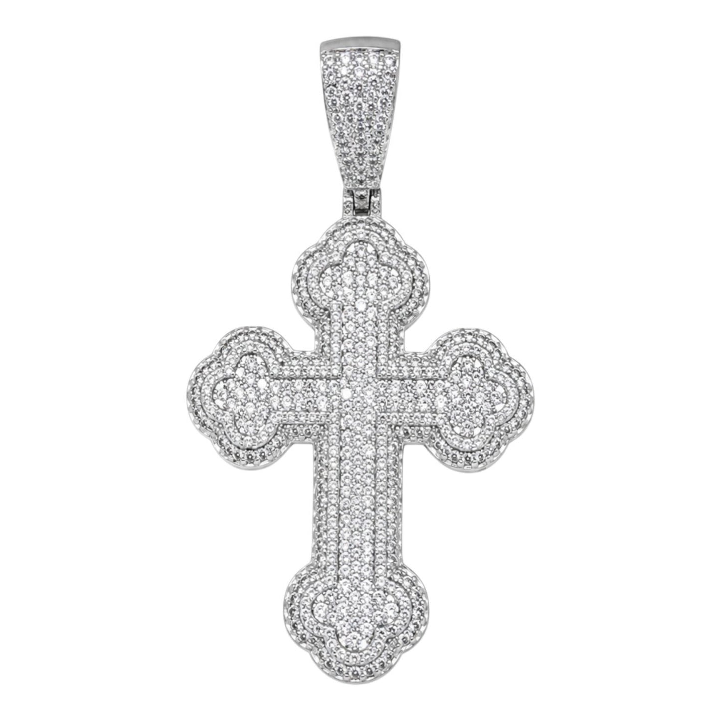 14k White Gold Iced Out Budded Cross Pendant