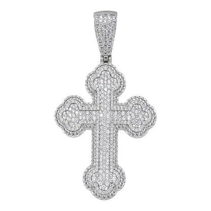 14k White Gold Iced Out Budded Cross Pendant