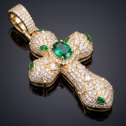 14k Gold Iced Out Ornate Green Stone Cross