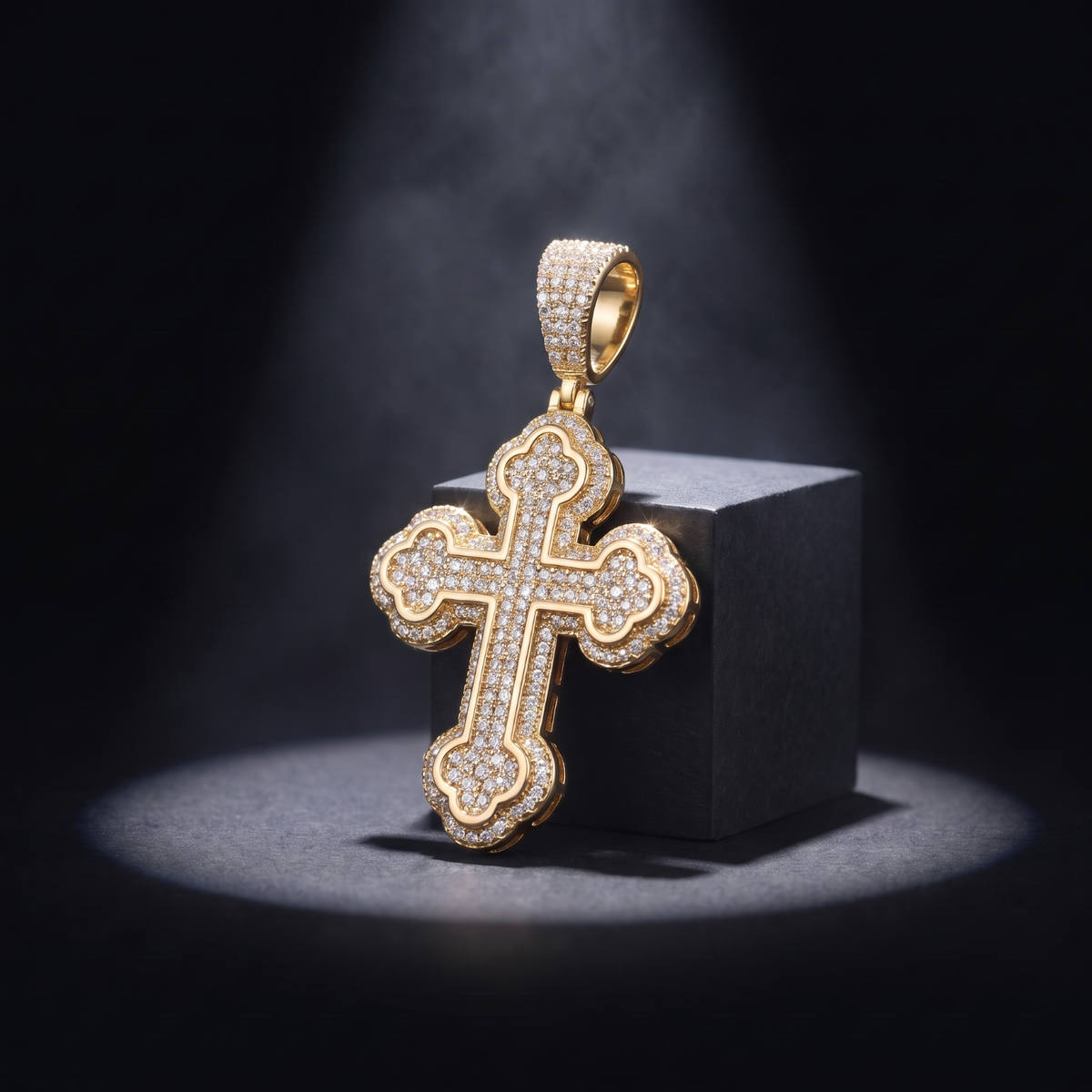 14k Gold Iced Out Budded Cross Pendant