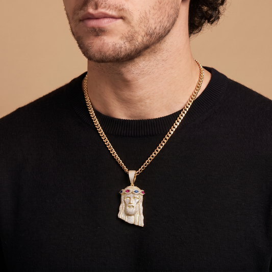 14k Gold Iced Out Multicolor Jesus Crown of Thorns Pendant - Small