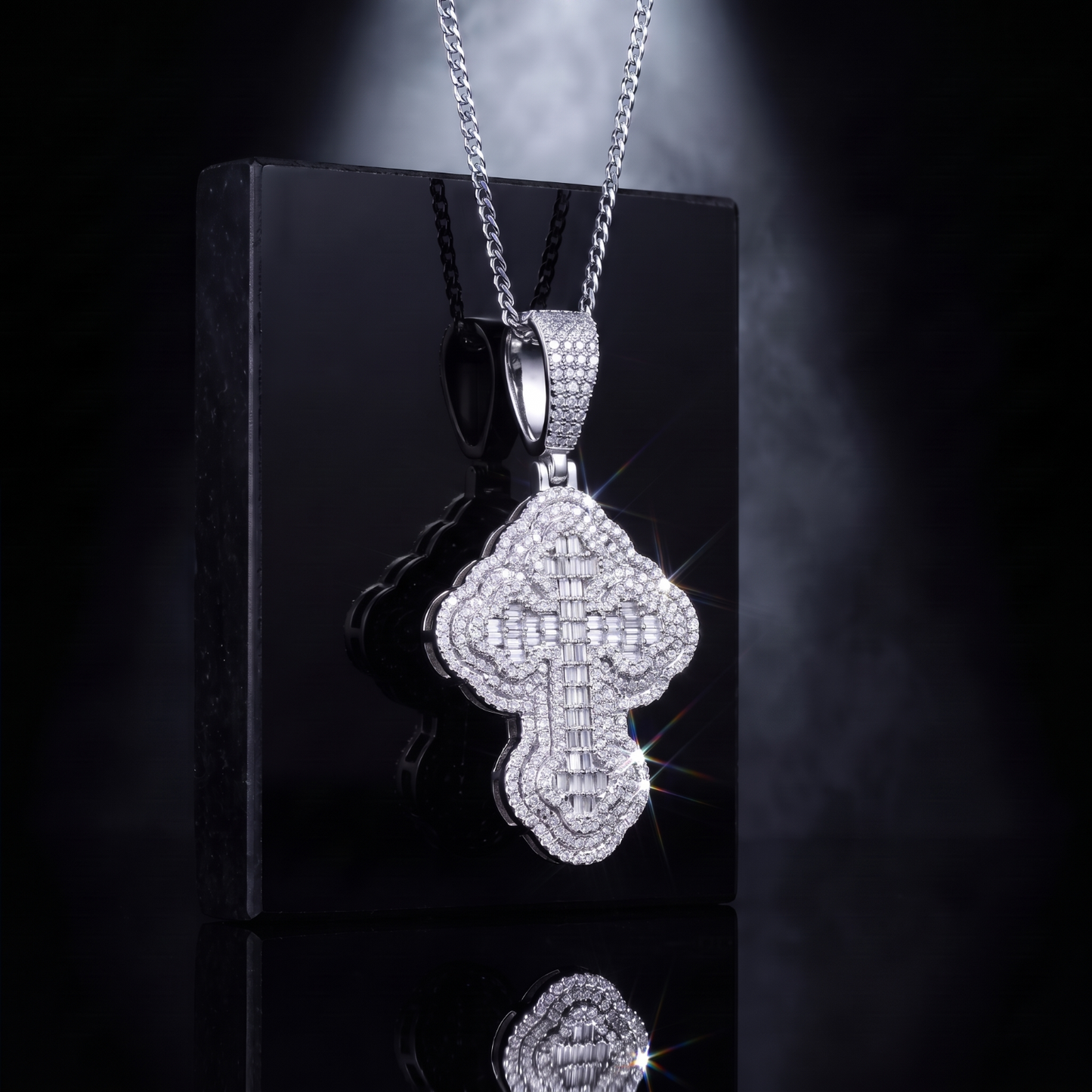 14k White Gold Iced Out 3D Iced Baguette Cross - Medium