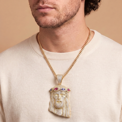 14k Gold Iced Out Multicolor Jesus Crown of Thorns Pendant - Large