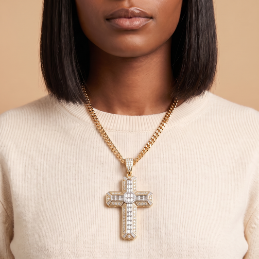 14k Gold Iced Out 3D Baguette Cross - Large