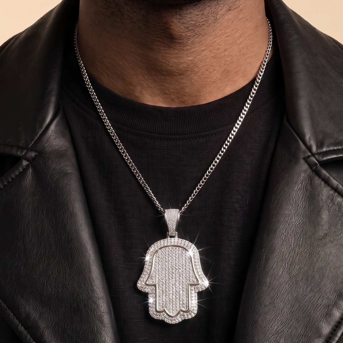 14k White Gold Iced Out Hamsa Hand Pendant - Medium