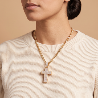 14k Gold Iced Out 3D Cross Pendant - Medium