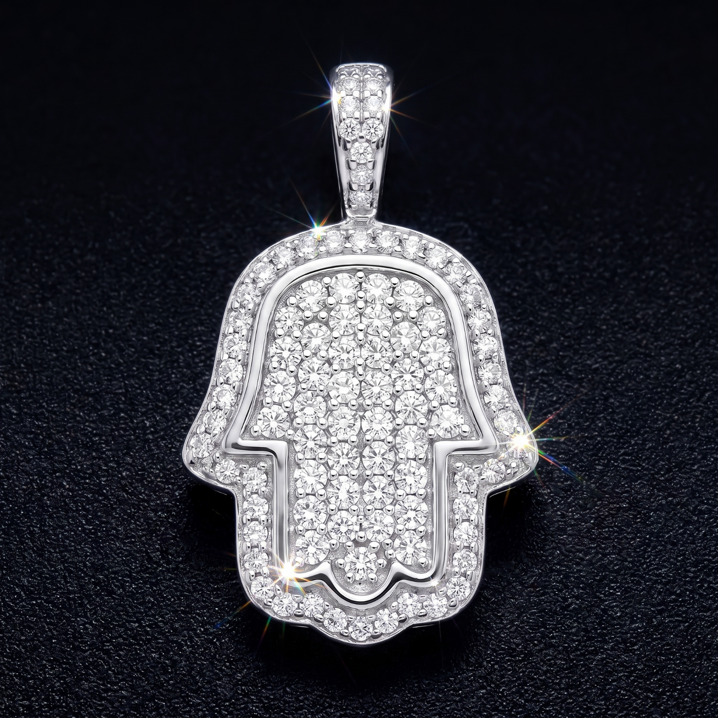 14k White Gold Iced Out Hamsa Hand Pendant - Small