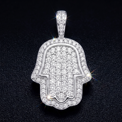 14k White Gold Iced Out Hamsa Hand Pendant - Small