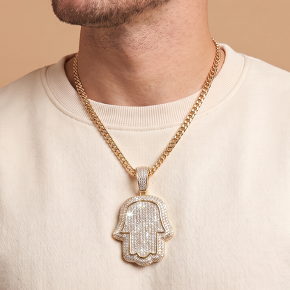 14k Gold Iced Out Hamsa Hand Pendant - Medium