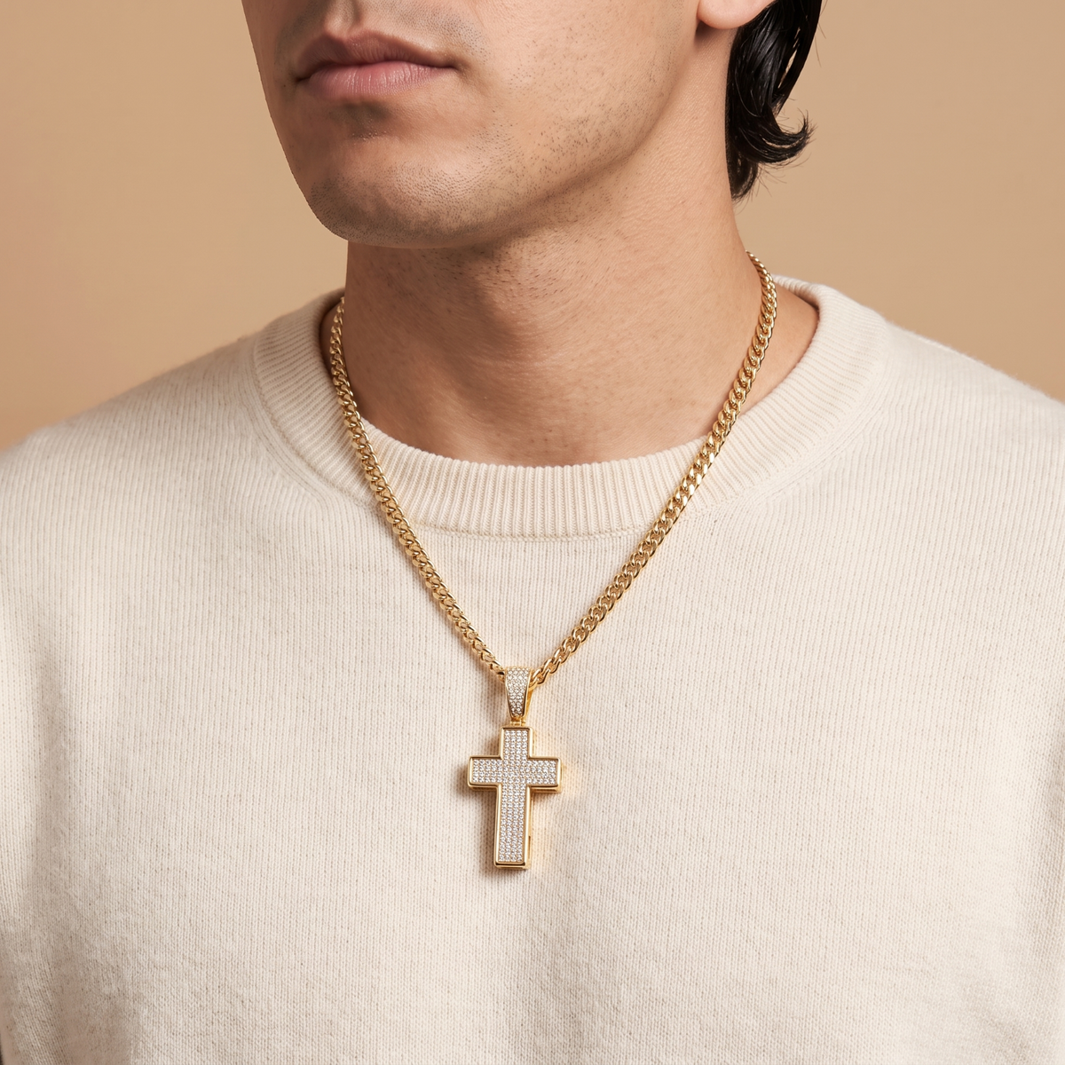 14k Gold Iced Out 3D Cross Pendant - Small