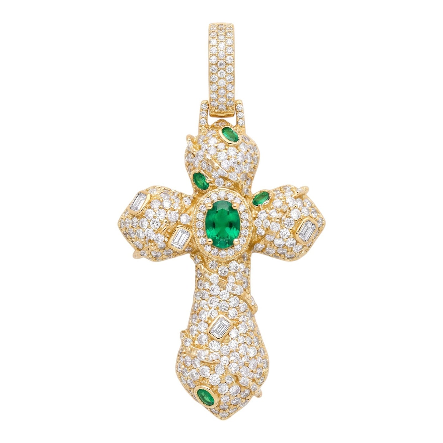 14k Gold Iced Out Ornate Green Stone Cross