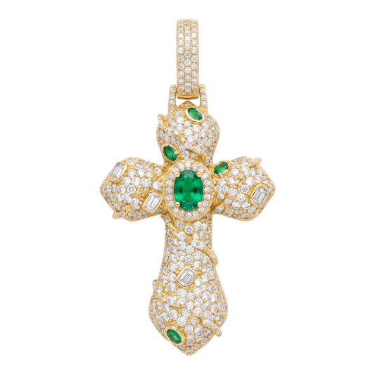 14k Gold Iced Out Ornate Green Stone Cross