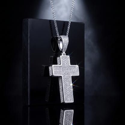 14k White Gold Iced Out 3D Cross Pendant - Small