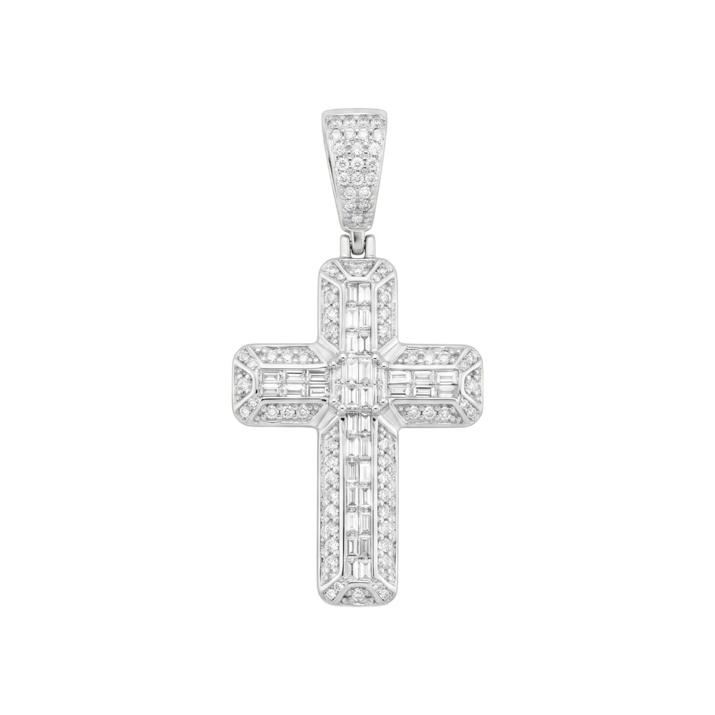14k White Gold Iced Out 3D Iced Baguette Cross - Small