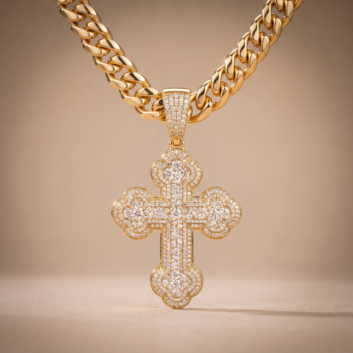 14k Gold Iced Out Budded Cross Pendant
