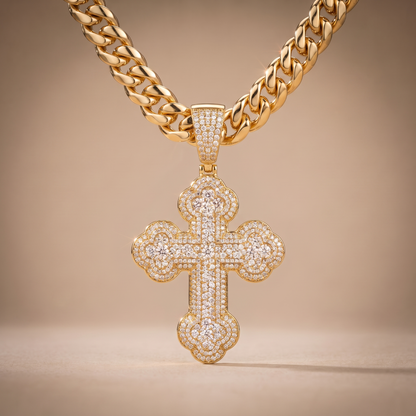 14k Gold Iced Out Budded Cross Pendant