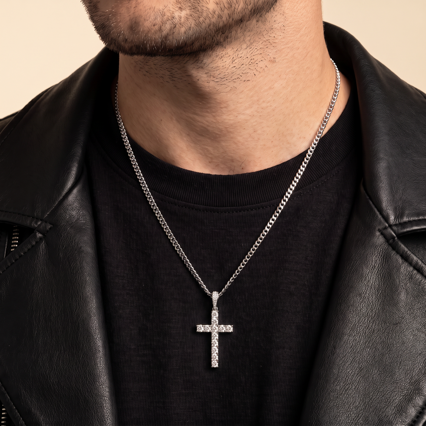 Iced Out Round Stone Tennis Cross Pendant – Silver or Brass – Moissanite or CZ