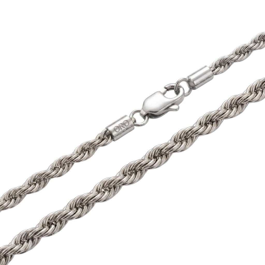 5mm Rhodium Plated Stainless Steel Rope Chain Necklace Men Women 16-30" Italian
