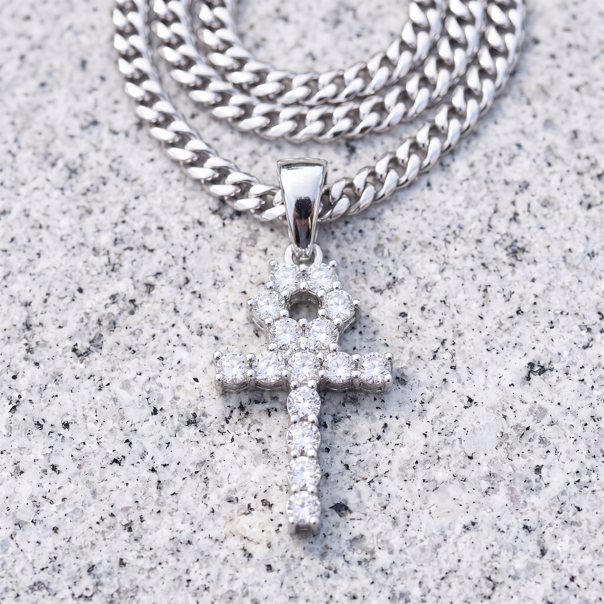 14k White Gold Iced Out Tennis Ankh Cross Pendant
