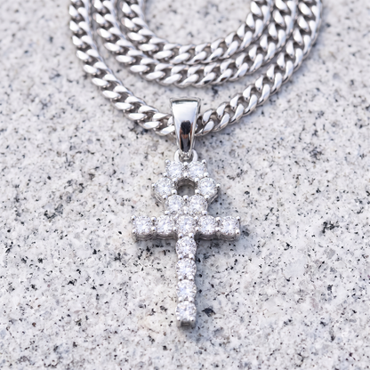 14k White Gold Iced Out Tennis Ankh Cross Pendant