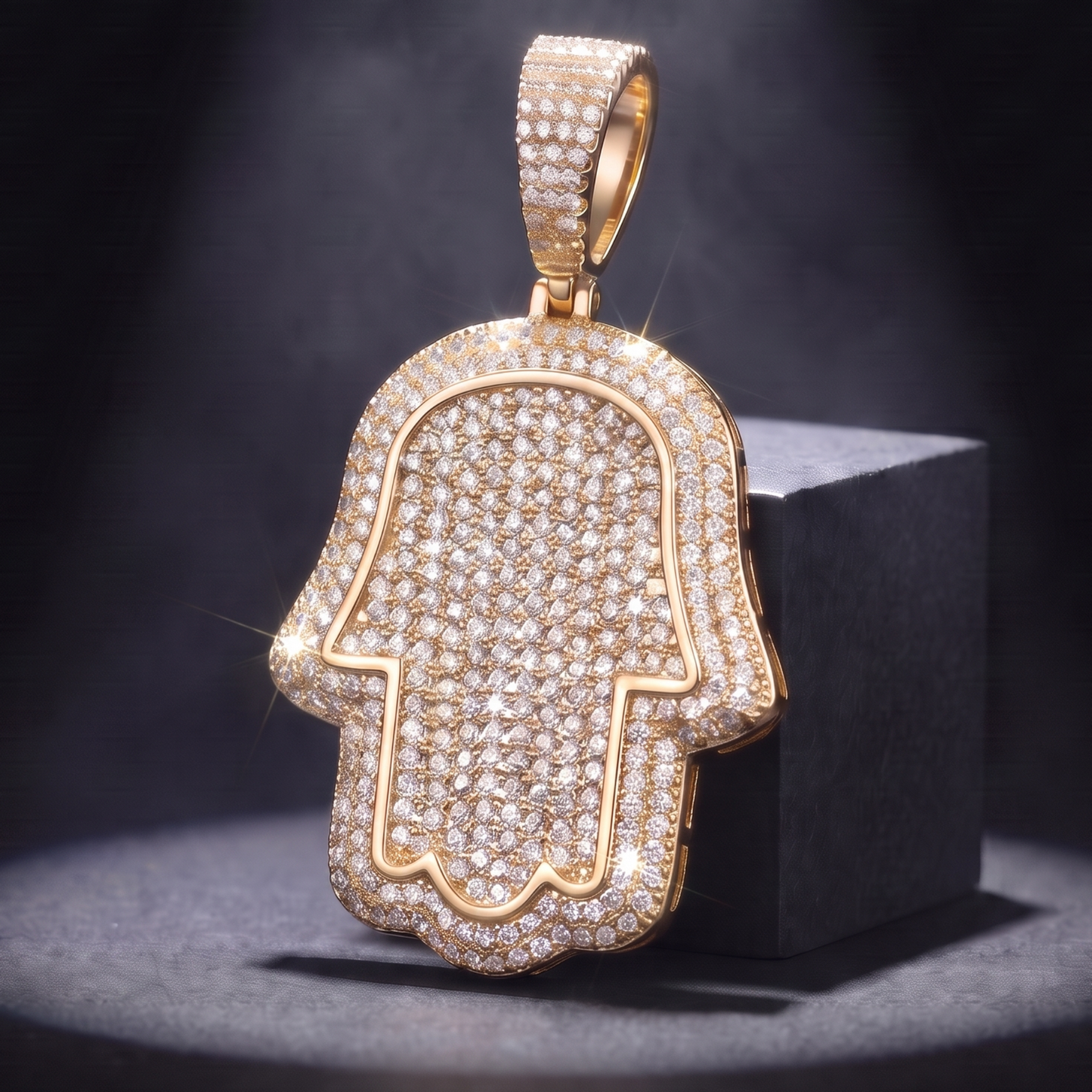 14k Gold Iced Out Hamsa Hand Pendant - Large