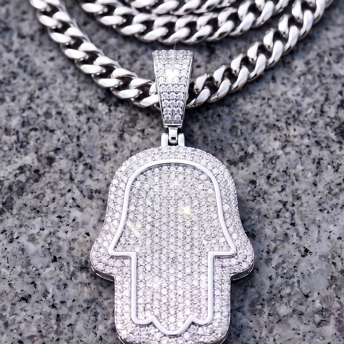 14k White Gold Iced Out Hamsa Hand Pendant - Medium