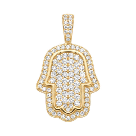 14k Gold Iced Out Hamsa Hand Pendant - Medium