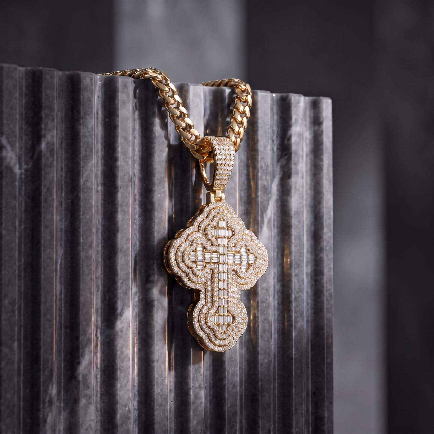14k Gold Iced Out 3D Iced Baguette Cross - Medium