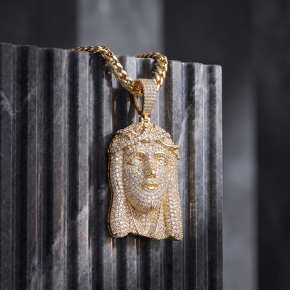 14k Gold Iced Out Jesus Face Crown of Thorns Pendant